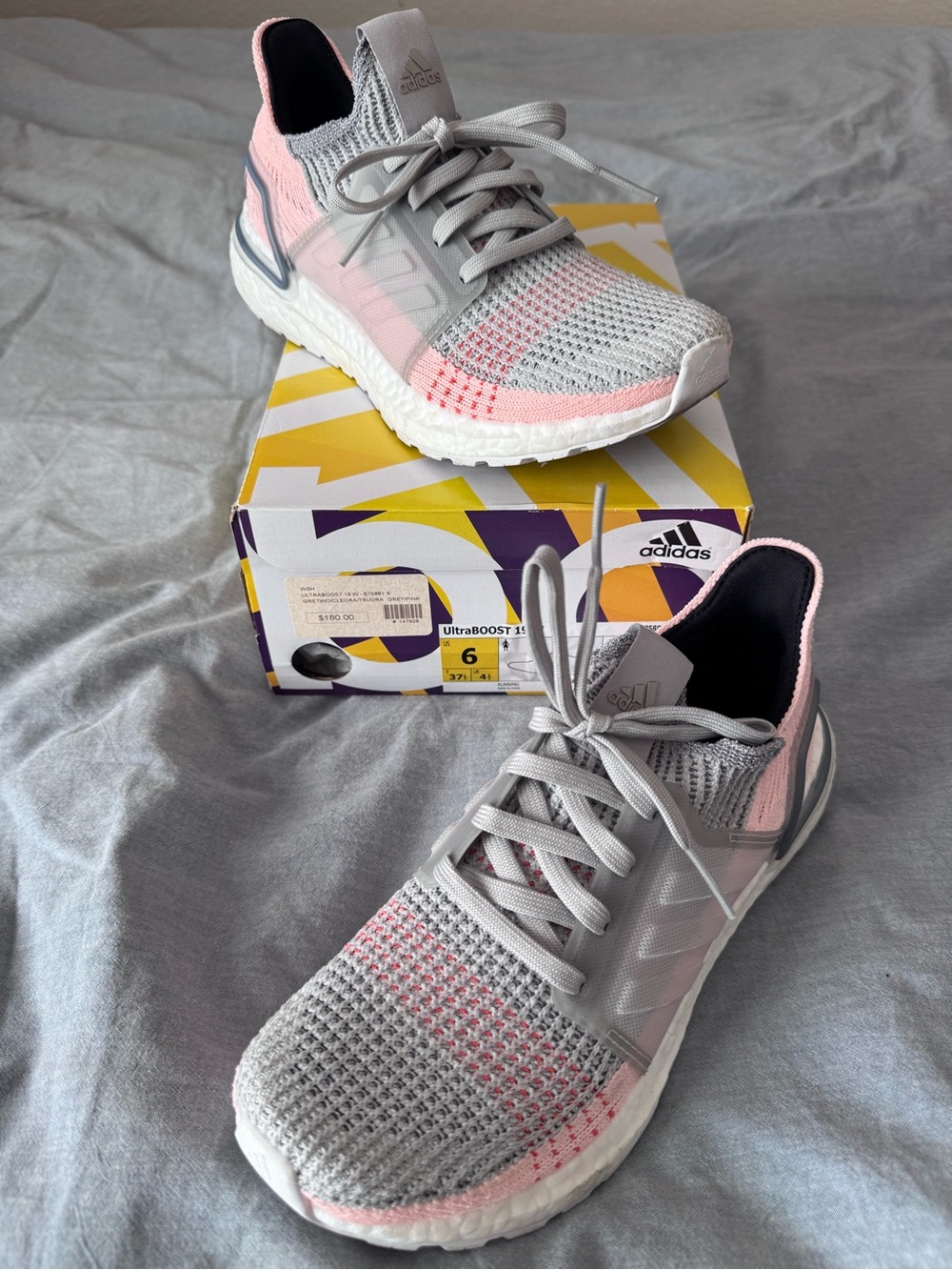 adidas Women’s Ultraboost 19 Running Shoes - Light Gray & Pink - 6